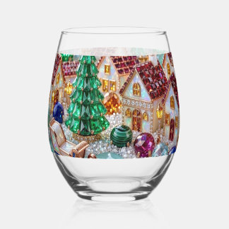 Jeweled Christmas Village Emerald Tree Ruby Houses Stemless Wine Glass