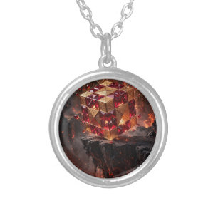 Jeweled Cube on the Volcanic Precipice Silver Plated Necklace