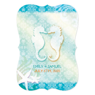 Jeweled Damask Sea Horse Starfish Beach Wedding Invitation