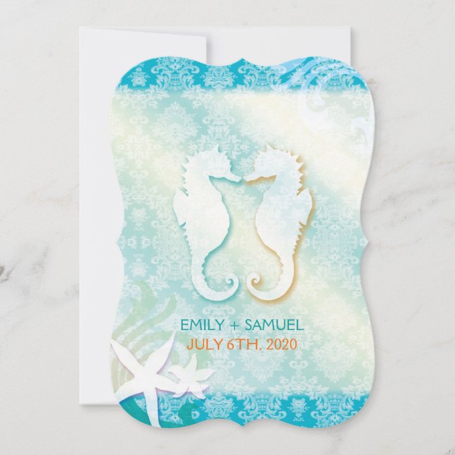 Jeweled Damask SeaHorse Starfish Beach Wedding Invitation (Front)