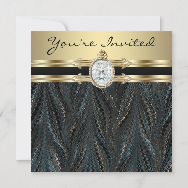 Jeweled Elegant Black Gold Womans Birthday Party Invitation (Front)