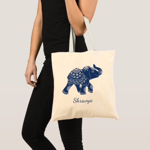 Jeweled Elephant in Royal Blue Personalized Tote Bag