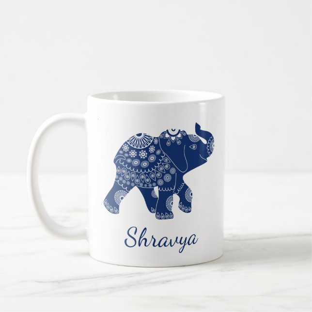 Jeweled Elephant Royal Blue Personalized Coffee Mug (Left)