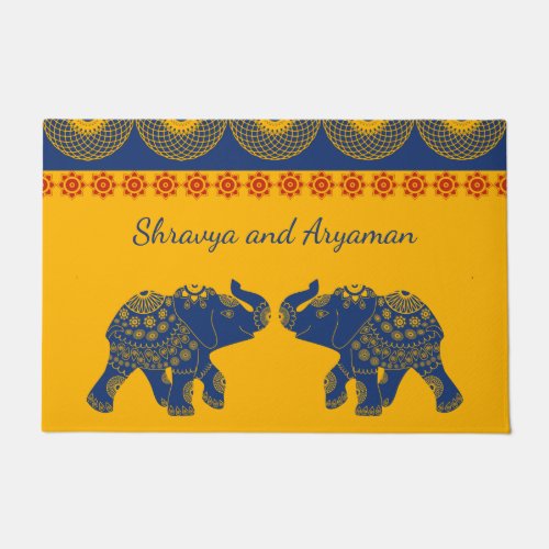 Jeweled Elephants Golde and Blue Personalized Doormat
