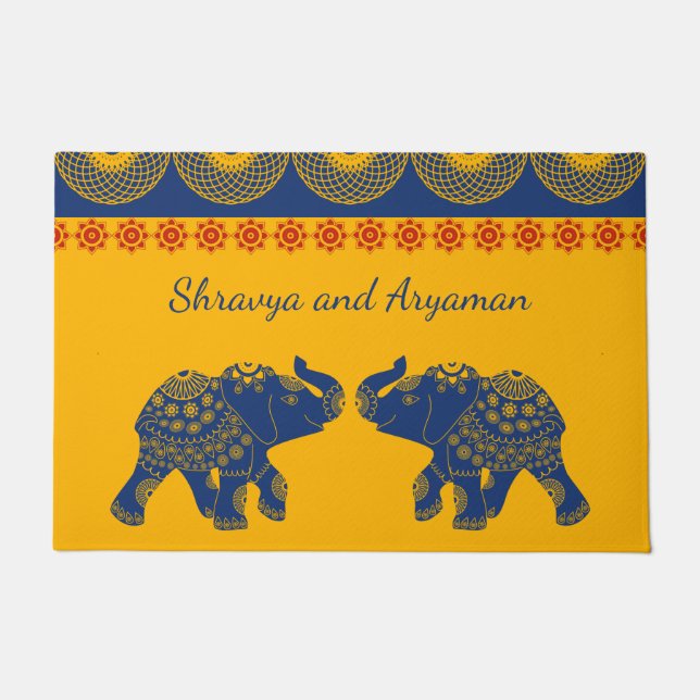 Jeweled Elephants, Golde and Blue Personalized Doormat (Front)