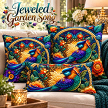 Jeweled Garden Song Quilted Bird Throw Pillow
