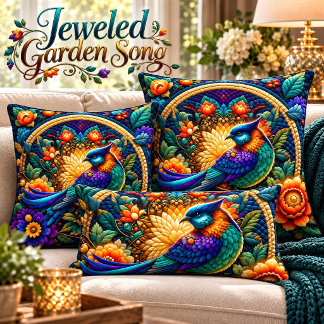 Jeweled Garden Song Quilted Bird Throw Pillow