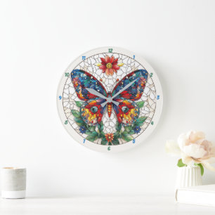 Jeweled Garden Stained Glass Butterfly Floral  Large Clock