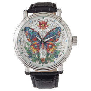 Jeweled Garden Stained Glass Butterfly Floral Watch