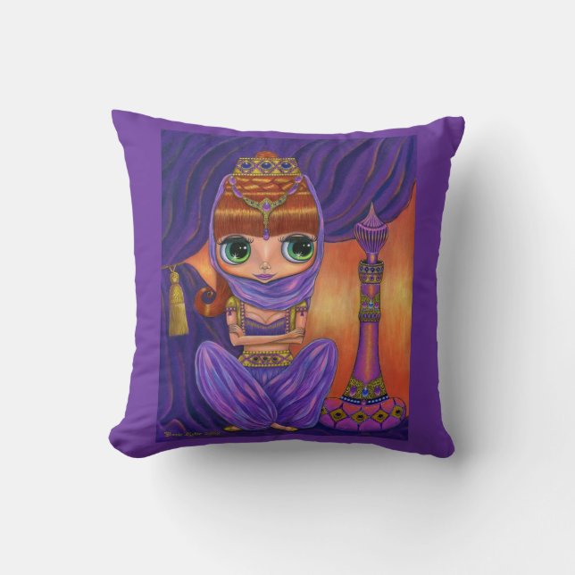 Jeweled Genie Girl in Purple with Magic Bottle Throw Pillow (Front)