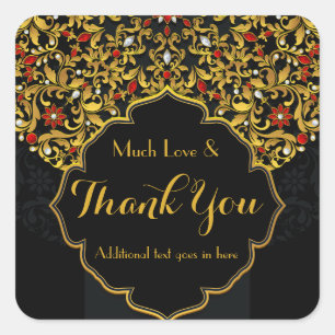 Jeweled Gold Red Black Floral Custom Thank You Square Sticker