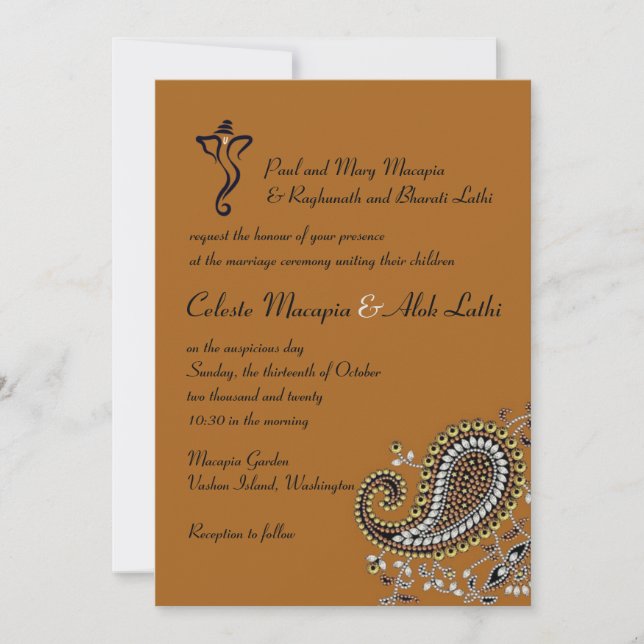 Jeweled Gold Silver Navy Paisley Hindu Wedding Invitation (Front)