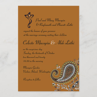 Jeweled Gold Silver Navy Paisley Hindu Wedding Invitation