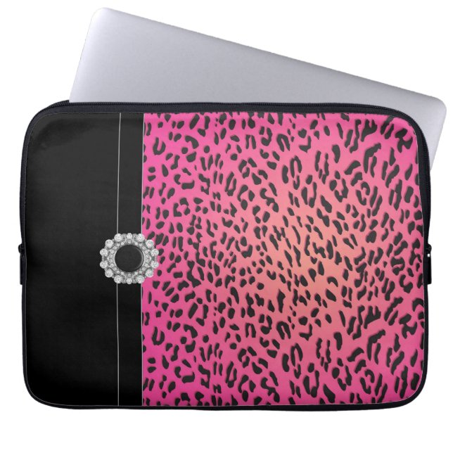Jeweled Hot Pink Leopard Laptop Cover Sleeve (Front)
