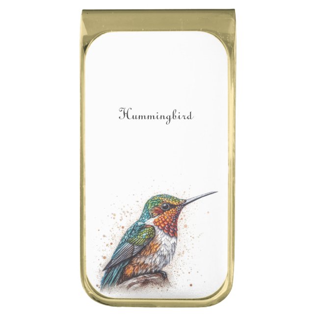 Jeweled Hummingbird Serenade, custom Gold Finish Money Clip (Front Vertical)