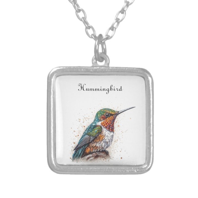 Jeweled Hummingbird Serenade, custom Silver Plated Necklace (Front)