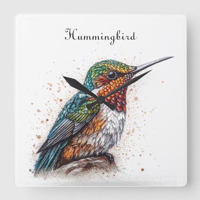 Jeweled Hummingbird Serenade, custom Square Wall Clock (Front)