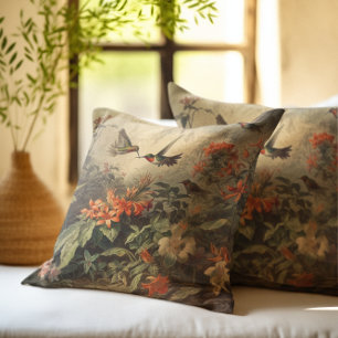 Jeweled Hummingbird & Tropical Bloom Throw Pillow