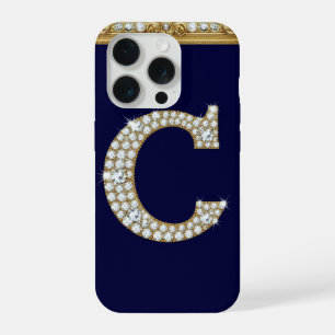 💎 Jeweled Letter C ✨ Gold Baroque Navy Luxe Frame iPhone 15 Pro Case