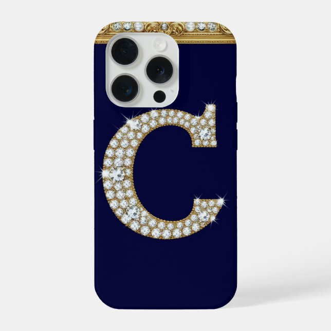 💎 Jeweled Letter C ✨ Gold Baroque Navy Luxe Frame iPhone Case (Back)