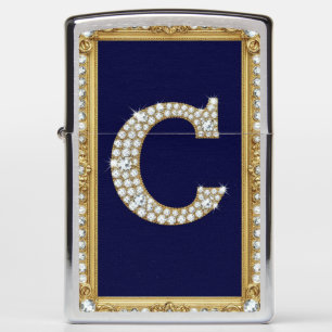 Jeweled Letter C Monogram in Ornate Gold Frame Zippo Lighter