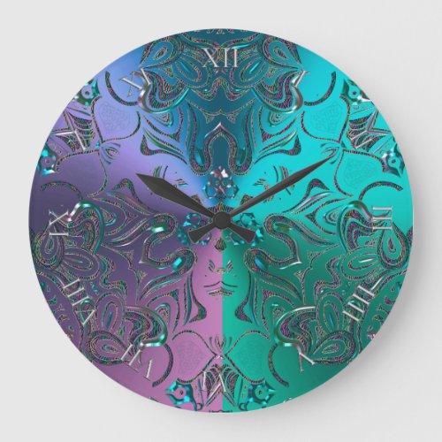 Jeweled Mandala Cool Hued Metallic Gradient Large Clock