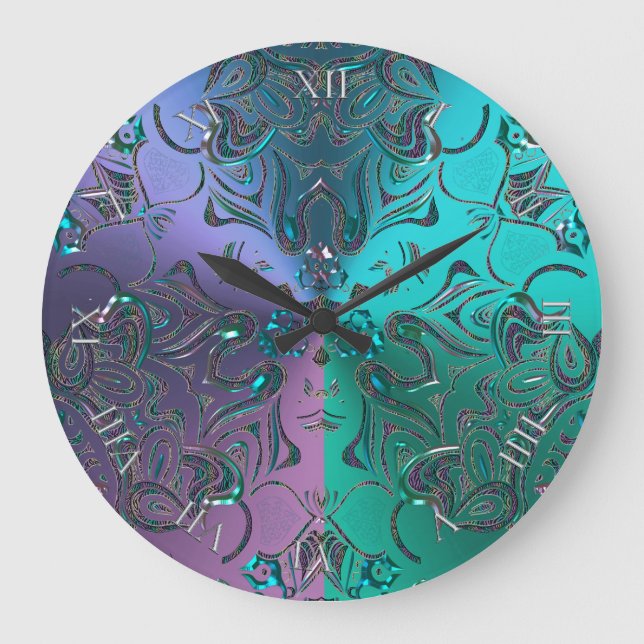 Jeweled Mandala Cool Hued Metallic Gradient Large Clock (Front)