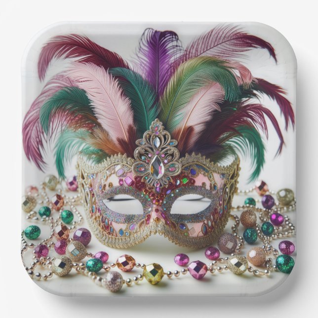 Jeweled Mardi Gras Mask  Paper Plates (Front)