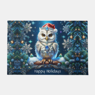 Jeweled Owl with Santa Hat Doormat