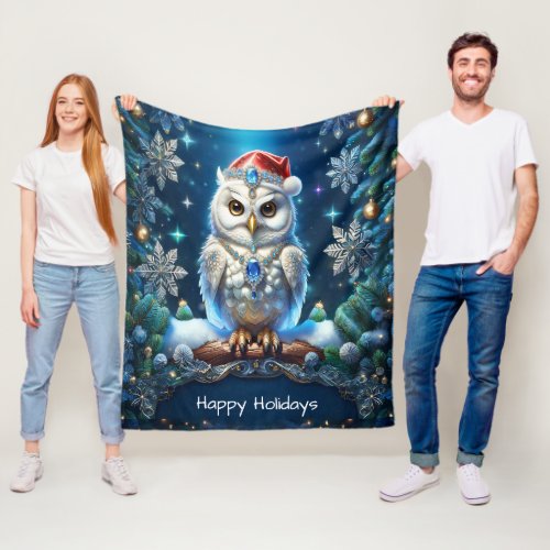 Jeweled Owl with Santa Hat Fleece Blanket