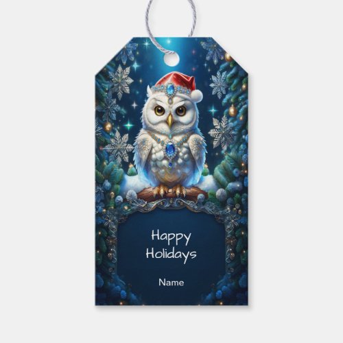 Jeweled Owl with Santa Hat Gift Tag