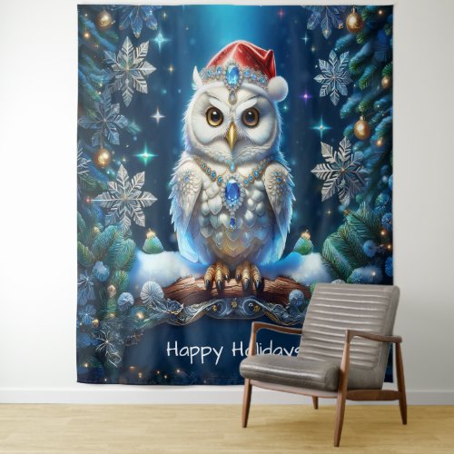 Jeweled Owl with Santa Hat Holiday Backdrop