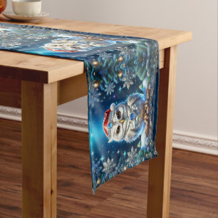 Jeweled Owl with Santa Hat Holiday Table Runner