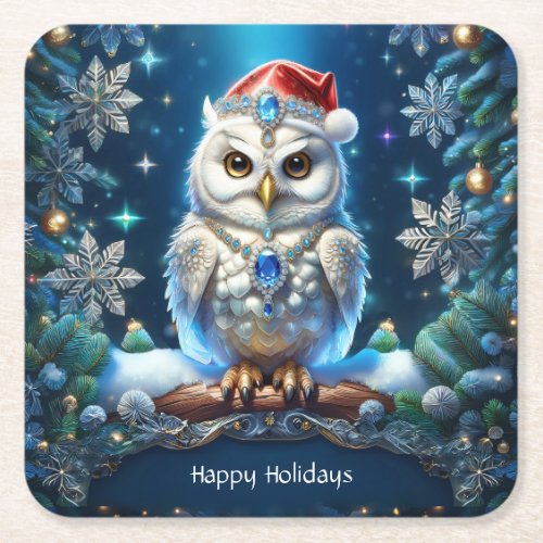 Jeweled Owl with Santa Hat Paper Coaster