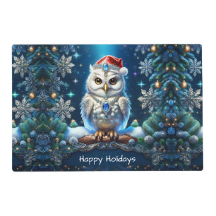 Jeweled Owl with Santa Hat Paper Placemat