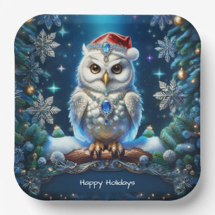Jeweled Owl with Santa Hat Paper Plate