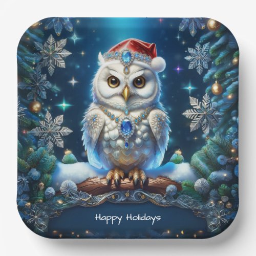 Jeweled Owl with Santa Hat Paper Plate
