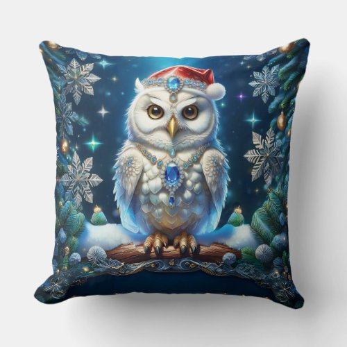 Jeweled Owl with Santa Hat Throw Pillow