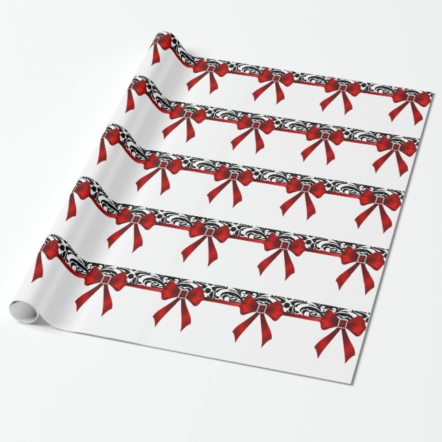 Jeweled Red Bow Damask Holiday Wrapping Paper (Unrolled)