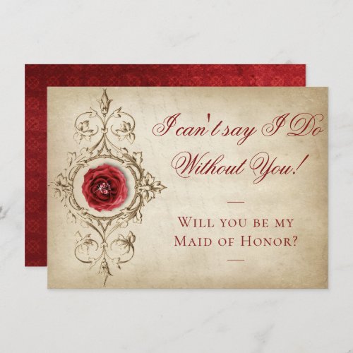 Jeweled Rose  Vintage Crimson Bridal Party Ask Invitation