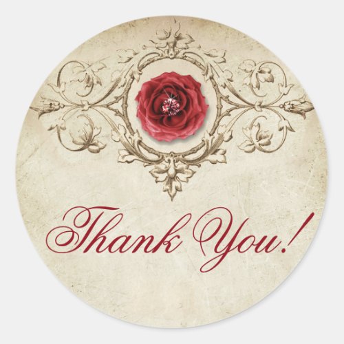 Jeweled Rose  Vintage Crimson Grunge Thank You Classic Round Sticker