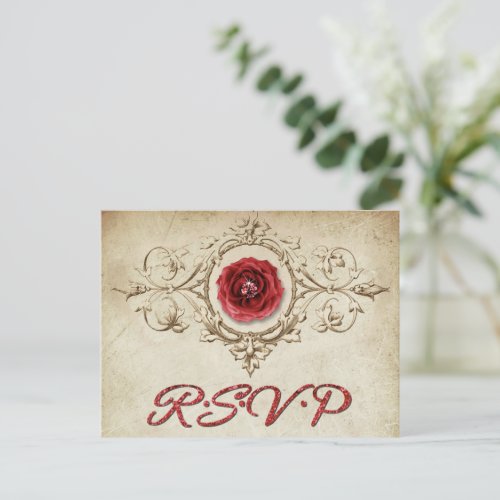 Jeweled Rose  Vintage Crimson Red Gem Grunge RSVP Invitation Postcard
