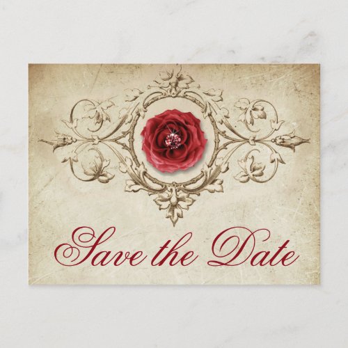 Jeweled Rose  Vintage Crimson Red Save the Date Announcement Postcard