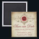 Jeweled Rose | Vintage Crimson Red Save the Date Magnet<br><div class="desc">#abstractart Sophisticated steampunk inspired crimson jeweled rose with a vintage antique gold frame ornamental embellishment on grunge worn parchment paper background with Gothic dark velvet red accents. This gorgeous distressed layout features an elegant modern contemporary jewel tone watercolor and mixed medium gradient background adds the perfect pop of color and...</div>