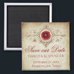 Jeweled Rose | Vintage Crimson Red Save the Date Magnet<br><div class="desc">#abstractart Sophisticated steampunk inspired crimson jeweled rose with a vintage antique gold frame ornamental embellishment on grunge worn parchment paper background with Gothic dark velvet red accents. This gorgeous distressed layout features an elegant modern contemporary jewel tone watercolor and mixed medium gradient background adds the perfect pop of color and...</div>