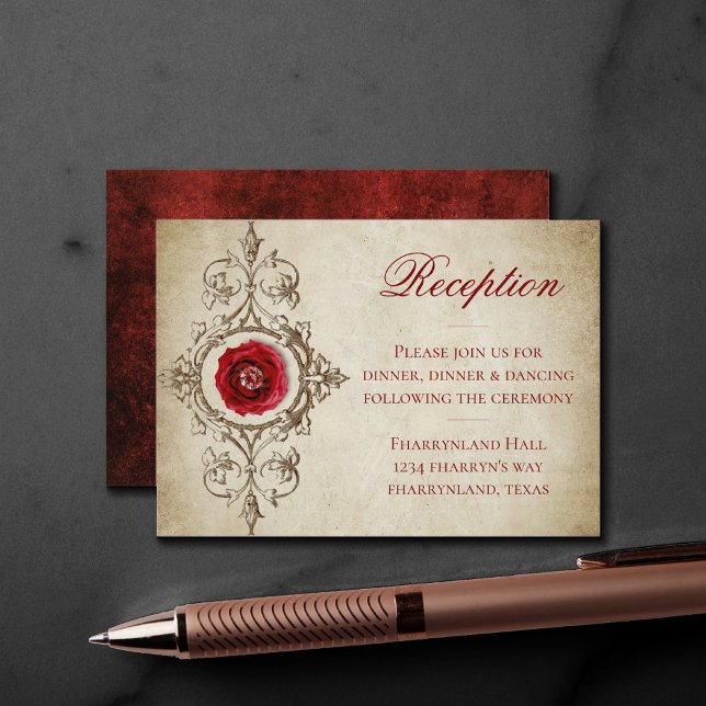 Jeweled Rose | Vintage Grunge Crimson Reception Enclosure Card (Creator Uploaded)