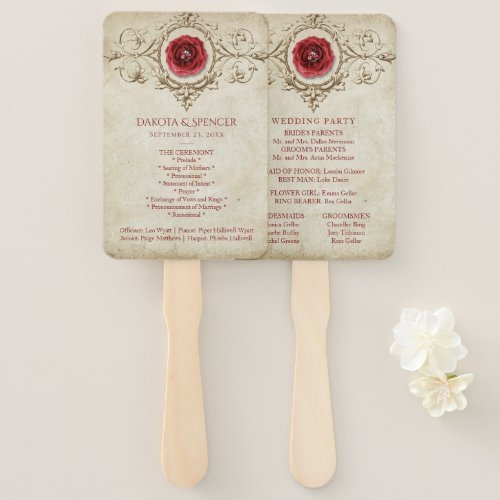 Jeweled Rose  Vintage Grunge Crimson Red Program Hand Fan