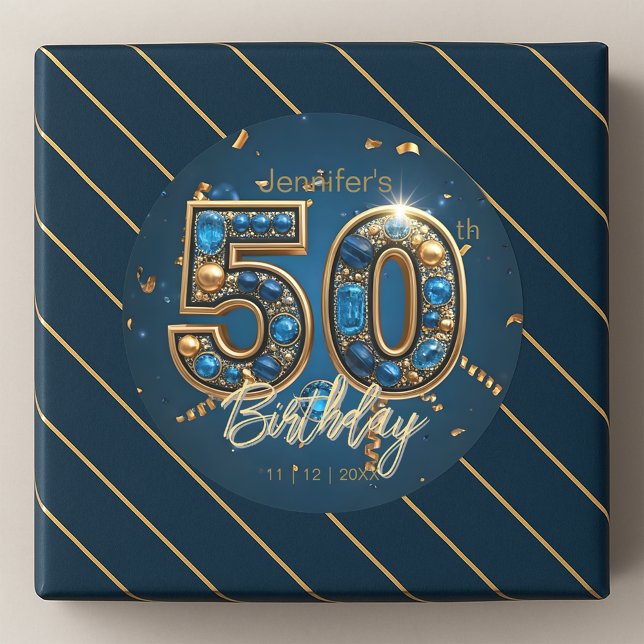 Jeweled Sapphire Blue and Gold 50th Birthday  Classic Round Sticker (Creator Uploaded)