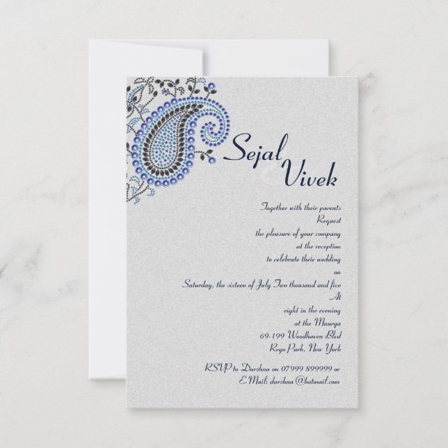 Jeweled Silver Blue Paisley Hindu Wedding Details Invitation (Front)