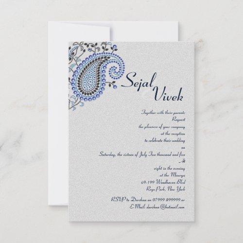 Jeweled Silver Blue Paisley Hindu Wedding Details Invitation